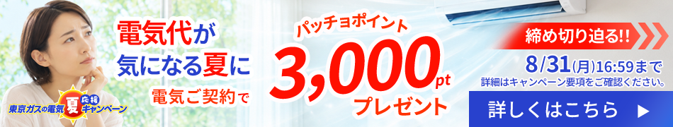 東京ガスの電気をご契約でパッチョポイントが3,000ポイントもらえるキャンペーンを実施中
