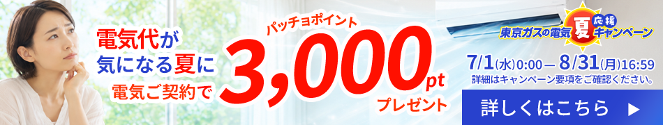 東京ガスの電気をご契約でパッチョポイントが3,000ポイントもらえるキャンペーンを実施中