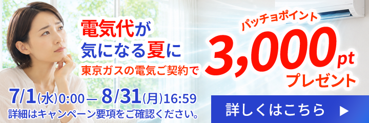 東京ガスの電気をご契約でパッチョポイントが3,000ポイントもらえるキャンペーンを実施中