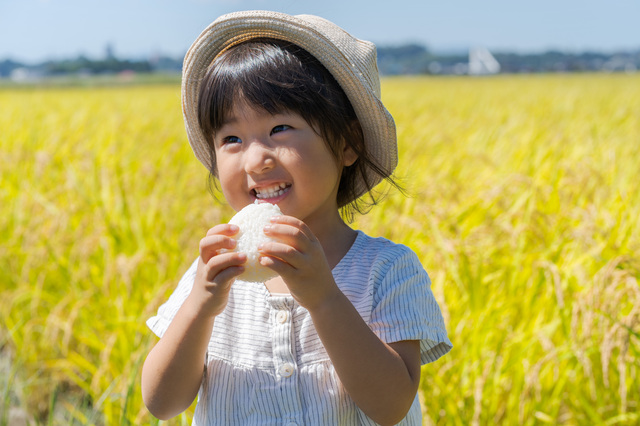 おにぎりを頬張る女の子