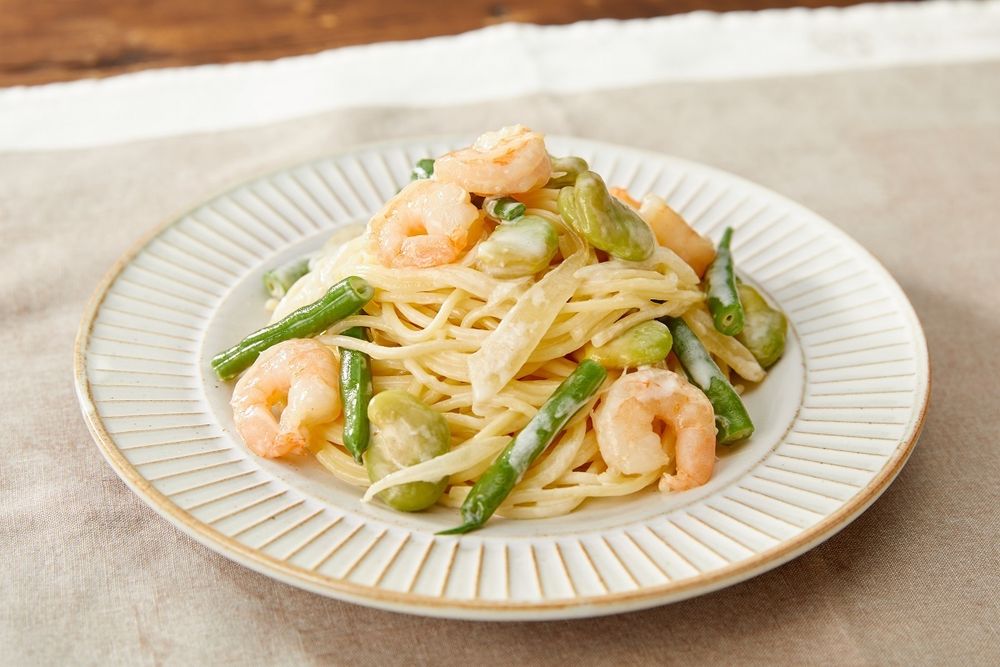 【夏の一汁一菜献立レシピ(5)】木曜日「グリーンビーンズとエビのクリームパスタ 他」 東京ガス ウチコト